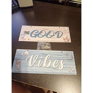 Good Vibes Metal Tin Signs 4" x 10" Set of 2 w/ Chain Beach Hanging Wall Decor